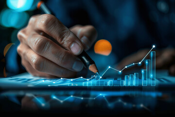 Poster - a person analyzes a holographic growth chart with a pen, symbolizing financial analysis or business 