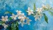 Oil Painting of White Gardenia Flowers on Blue