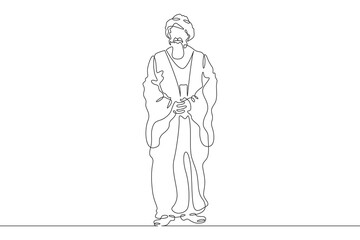 Wall Mural - Muslim priest, Islamic clergyman. Male priest in full length in religious vestments. Religion. One continuous line. Line art. Minimum one line. White background. One line drawing.