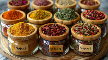 View from above: spice jars with bamboo lids; label on lid says 