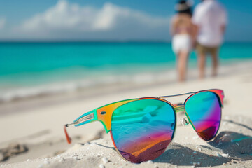 Wall Mural - A pair of sunglasses is laying on the sand at the beach