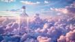 A transparent glass bottle with a cloud background, using a backdrop or cloud stickers to create a background full of fluffy clouds. You can choose blue, purple, or white to enhance the clear transpar