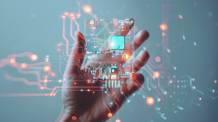 hand holding high-tech nano chip, motherboard, technology, quantum computer, white background, future, science, scientist, development, hardware, digital, electrical, small device, engineer