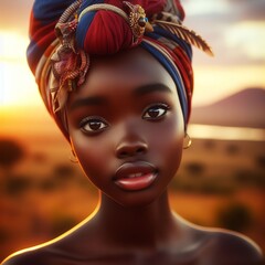 Wall Mural - Portrait of a beautiful African young woman with traditional headdress. 