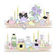 Shelves with perfumes. Different glass bottles with eau de toilette, designer fragrance flasks, body colognes jars, glamour container with aroma liquid, luxury cosmetic, tidy vector concept