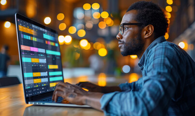 Business developer using agile Kanban board framework on laptop - software development, lean project management tool for fast workflow changes