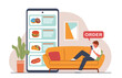 Fast food ordering app. Guy lying on couch and making remote order in mobile application, grocery delivery at home, smartphone app, cartoon flat style isolated nowaday vector concept