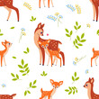Cute mom and baby deers seamless pattern. Cartoon forest animals, fawn with mother, love, motherhood, happy family. Decor textile, wrapping paper, wallpaper design. Vector background