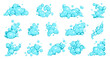 Cartoon flat blue soap foam bubbles. Bath shampoo suds, shower gel, foam party elements, different bubbles compositions. Soapy clean froth isolated elements, hygiene product, nowaday vector set
