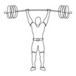 An athlete stands and raised a heavy barbell above his head. One line drawing. Continuous line without break.