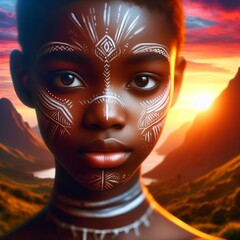 Wall Mural - African young woman with abstract tribal face painting.