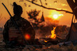 Samurai at Rest with Armor Off, Reflecting by Campfire at Sunset