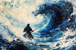 Samurai Facing a Gigantic Wave in Dynamic Ocean Scene