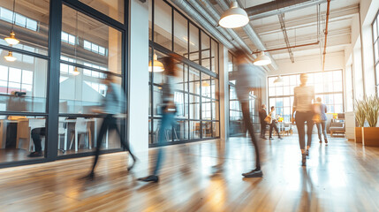 Wall Mural - Figures glide across the bright business workplace in blurred motion, their purposeful strides contributing to the lively atmosphere of the modern office space.