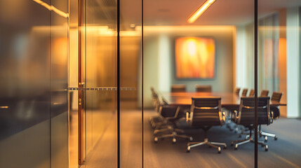 Wall Mural - The glass wall offers a glimpse into the boardroom, where a defocused meeting unfolds, showcasing the dynamics of decision-making and teamwork in action.