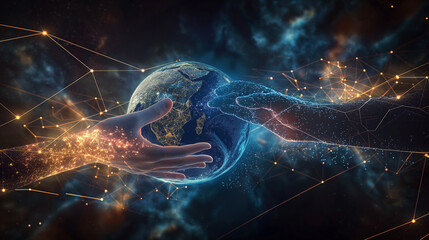 Wall Mural - in a realm of infinite possibilities, abstract palm hands intertwine with global network connections
