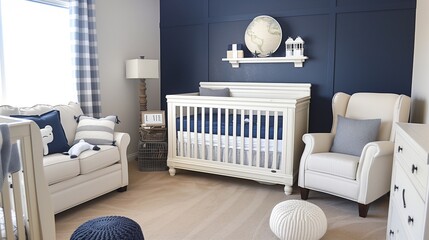 Navy blue accent wall in a cream nursery with cream furniture and navy blue accessories.