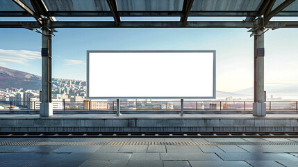 A modern urban train station with a bench and a billboard showcasing a mockup advertisement