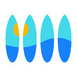 Logo club de surf. Silueta de tablas de surf con olas de mar y sol en su interior formando paisaje marino