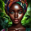 Portrait of a beautiful African woman in the garden and green eyes.