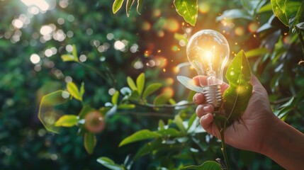 Hand holding a light bulb against nature on a green leaf with icons of energy AI generated