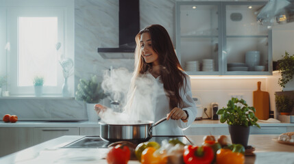 Happy woman standing near stove and cooking tasting fresh delicious from soup in a pot with steam at minimal interior modern kitchen