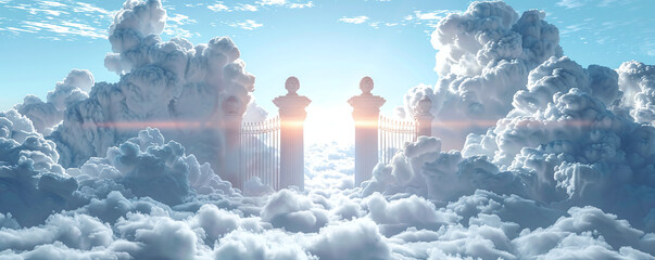 A surreal image featuring an open gate amidst fluffy clouds under a bright sky, symbolizing entrance to heaven or a dreamlike realm.