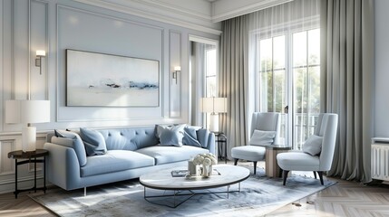 Pale blue sofa with soft gray accent chairs and soft gray area rug in a living room.