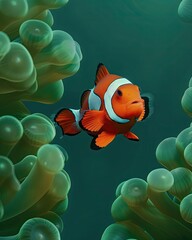 Wall Mural - Clown Fish on Green Background, Underwater Marine Life