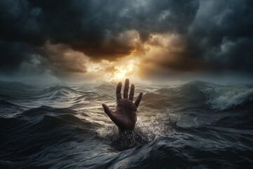 Wall Mural - Hand rise from water of the sea at storm as drown illustration