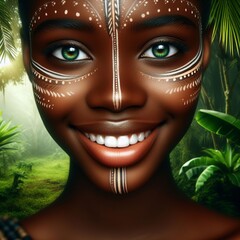 Wall Mural - Portrait of a beautiful African American woman with face art in the jungle