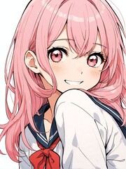 Poster - portrait of happy pink hair smiling school girl posing cute on plain white background anime cartoon style from Generative AI