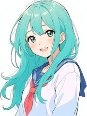 Sticker - portrait of happy teal hair smiling school girl posing cute on plain white background anime cartoon style from Generative AI