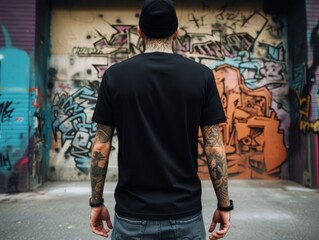 Streetwear style black t-shirt back view mockup, on a graffiti wall background, reflecting urban fashion,