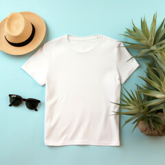 Wall Mural - Blank t-shirt mockup featuring minimalist summer hat and sunglasses on a pastel background for a fresh seasonal look.