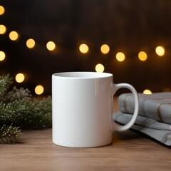 Wall Mural - Simple and elegant white coffee mug mockup with a blank area for logos, set in a warm, homely atmosphere.