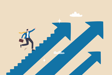 Step to success, improvement, challenge or career growth development, leadership progress, career path direction or stairway to win business concept, businessman walk up arrow stair for victory.