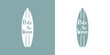 Logo club de surf. Texto Ride the Wave en el interior de silueta de tabla de surf