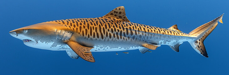 Wall Mural - A tiger shark swimming in clear blue ocean water, showcasing its distinctive stripes and powerful build.