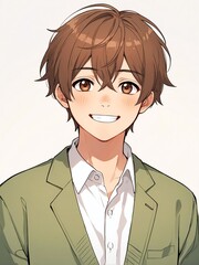 Sticker - portrait of happy brown hair smiling school boy on plain white background anime cartoon style from Generative AI