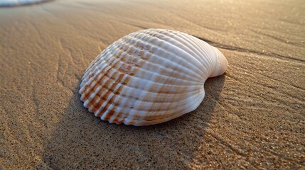 Wall Mural -   A tight shot of a seashell on a sandy beach, waves repeatedly entering and exiting the shell