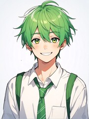 Canvas Print - portrait of happy green hair smiling school boy on plain white background anime cartoon style from Generative AI