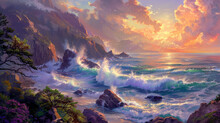 A Picturesque Coastal View With Rugged Cliffs Overlooking The Ocean, Crashing Waves Against The Rocky Shore, And A Colorful Sunset Painting The Sky With Shades Of Orange, Pink, And Purple.