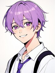 Poster - portrait of happy purple hair smiling school boy on plain white background anime cartoon style from Generative AI