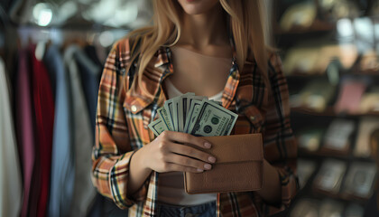 Young woman with wallet and money in boutique, closeup