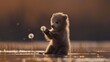   A small brown bear sits at water's edge, holding a dandelion in its paws