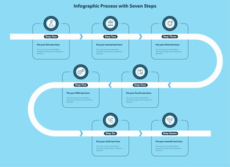 Aufkleber - Infographic process diagram divided into seven steps with minimalistic icons - blue version. SImple chart design for workflow layout, diagram, banner, web design.