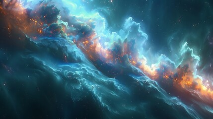 Wall Mural - A digital art piece depicting a stylized version of the night sky, with bold starburst effects and nebula-like formations in a rich palette of dark blue and green.