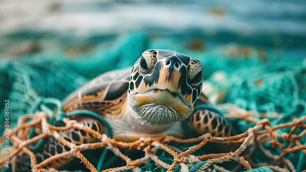 Turtle trapped in a fisherman's net. Concern for the environment ...