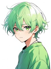 Wall Mural - portrait of green hair young boy posing shy cute on plain white background anime cartoon style from Generative AI